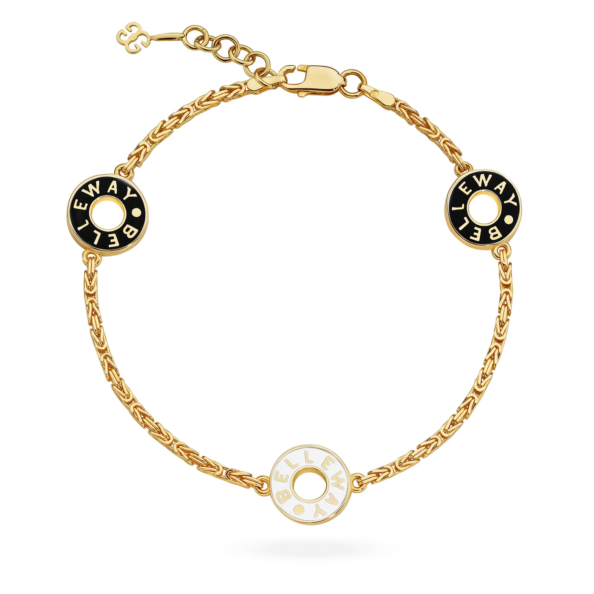 Bransoletka złota z trzema emaliowanymi krążkami z nazwą Belleway w kolorze czarnym i białym