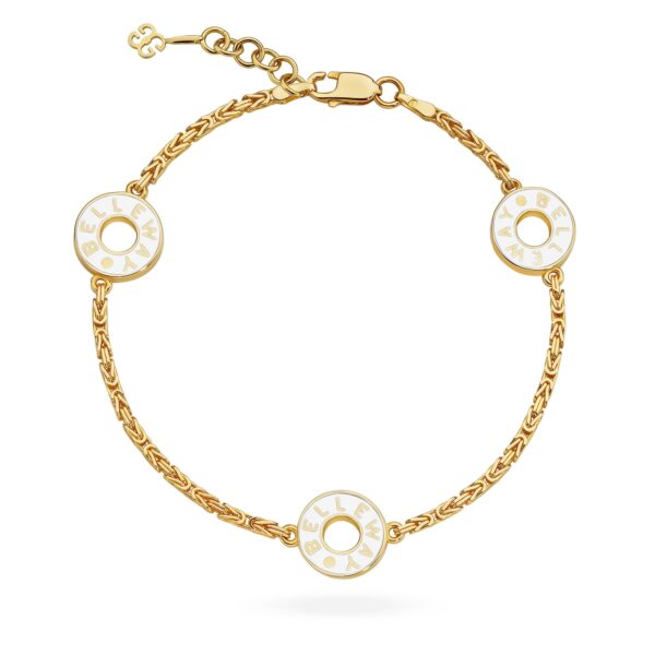 Bransoletka złota z trzema emaliowanymi krążkami z nazwą Belleway w kolorze czarnym i białym