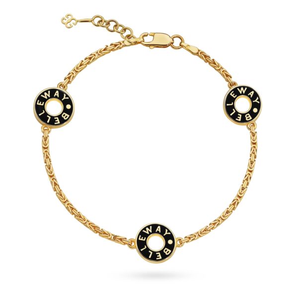 Bransoletka złota z trzema emaliowanymi krążkami z nazwą Belleway w kolorze czarnym i białym