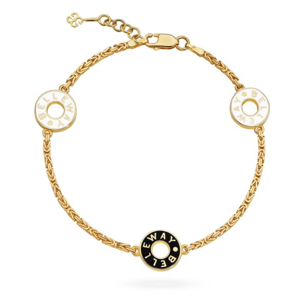 Bransoletka złota z trzema emaliowanymi krążkami z nazwą Belleway w kolorze czarnym i białym