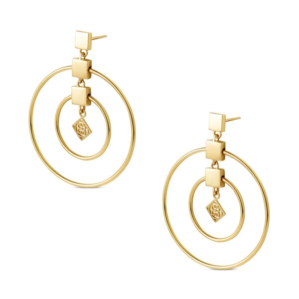 Kolczyki złote na zapięcie sztyft z trzema kołami ułożonymi w pawie oko z błyszczącymi kwadracikami w środku.