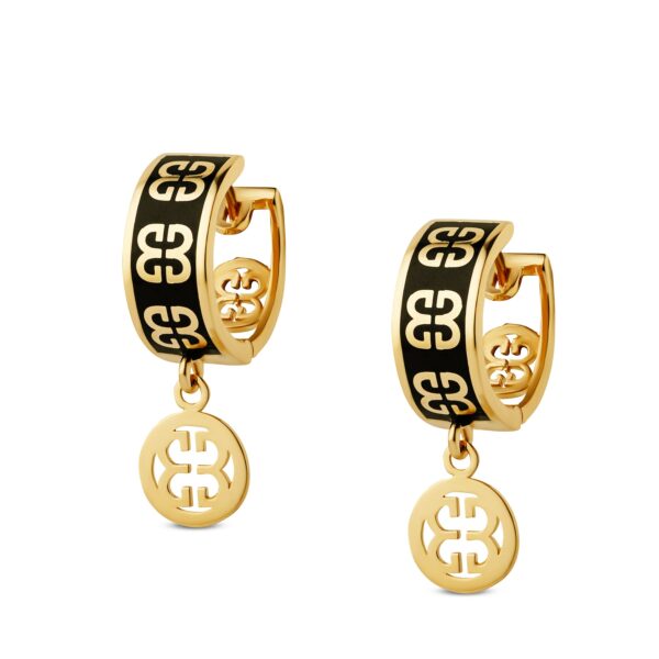 złote kolczyki z wisiorkiem i czarną emalią