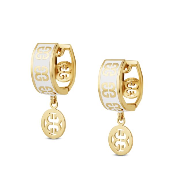 Kolczyki złote z wisiorkiem i białą emalią