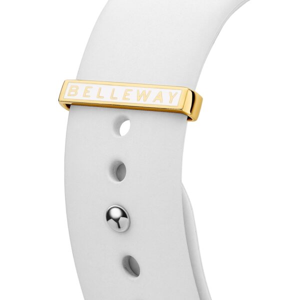złota szlufka z białą emalią i napisem Belleway