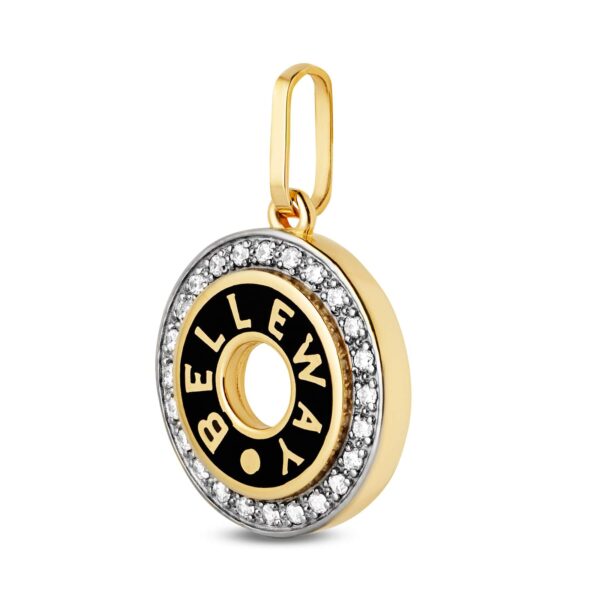 Złota przewieszka okrągła z białymi cyrkoniami i czarną emalią wewnątrz owalu