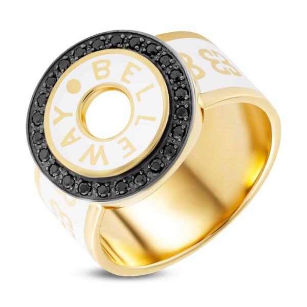 Złoty pierścionek szeroki z białą emalią i czarnymi cyrkoniami