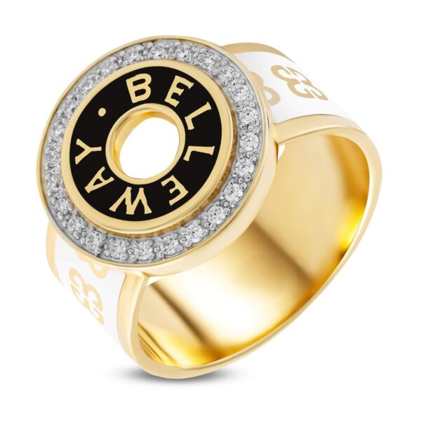 Złoty pierścionek szeroki z białą i czarną emalią i białymi cyrkoniami