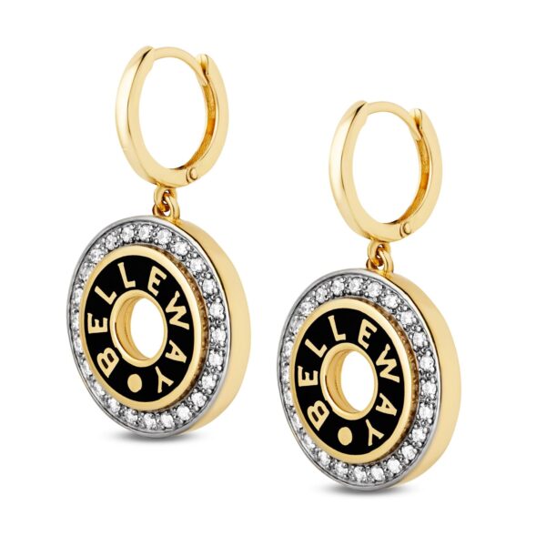 Złote kolczyki wiszące z okrągłą częścią ozdobną ,z białymi kamieniami i czarną emalią po środku