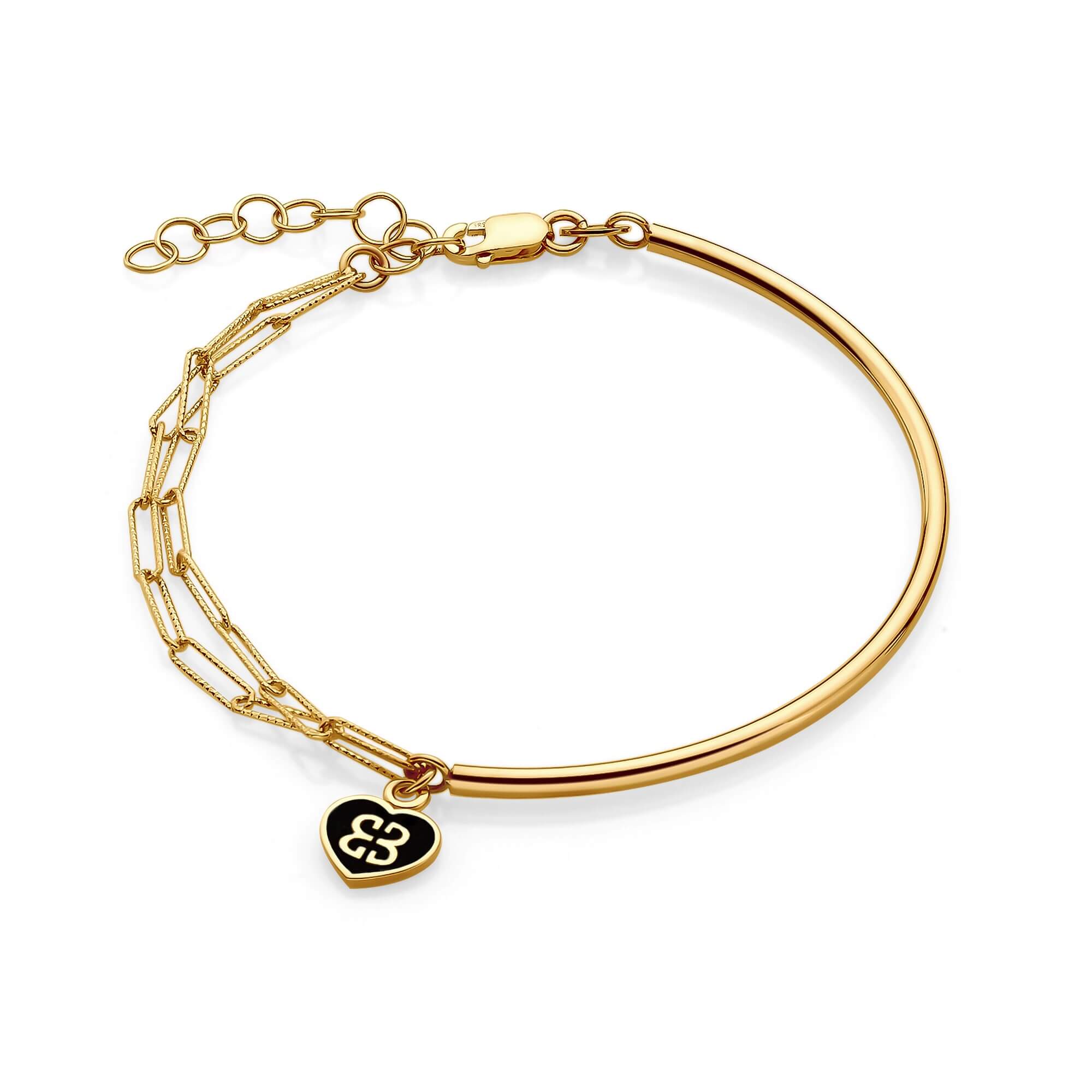 Złota bransoleta z wisiorkiem serduszkiem z czarną emalią